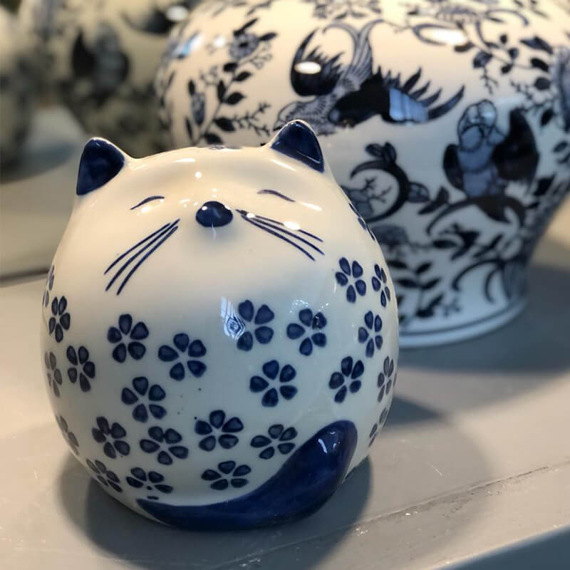 Blue Daisy Ceramic Cat