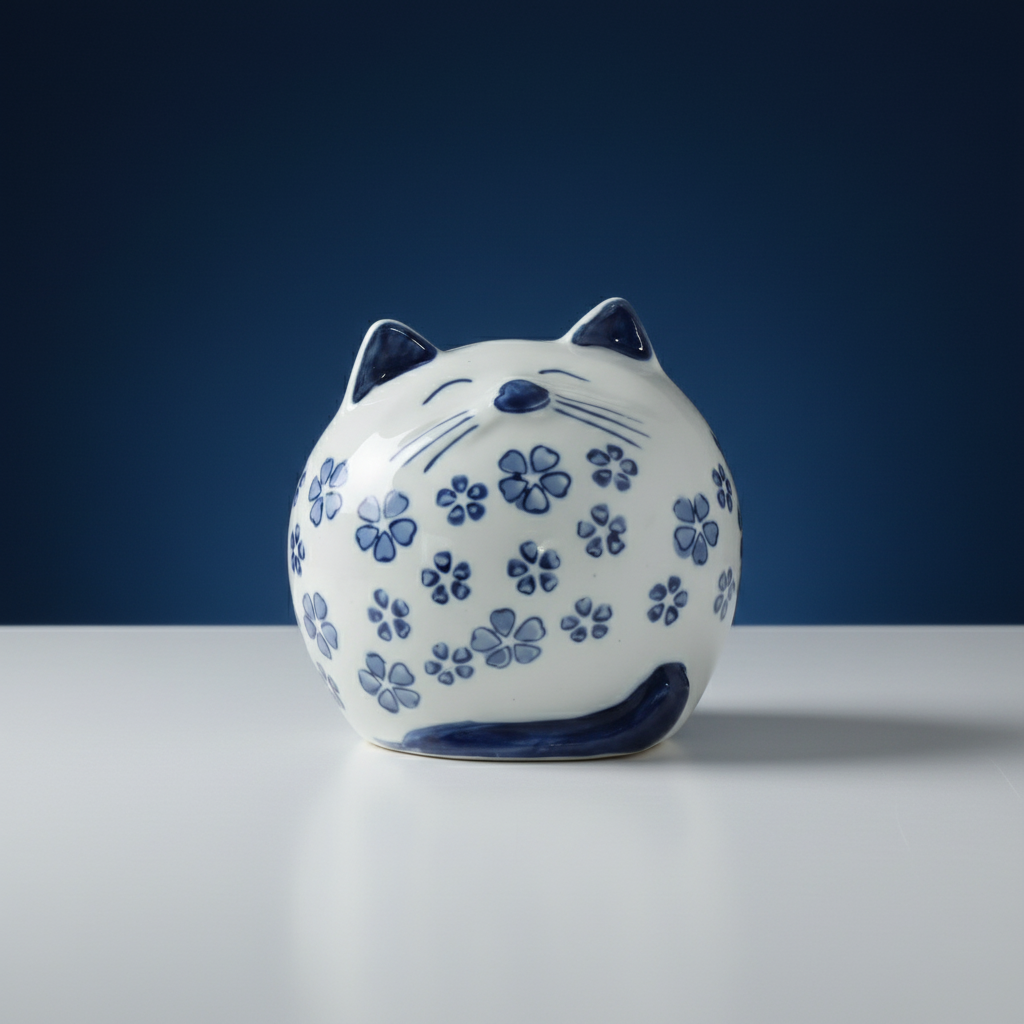 Blue Daisy Ceramic Cat