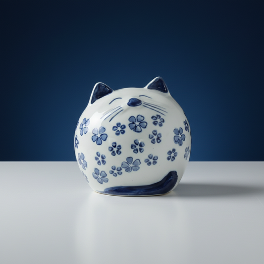 Blue Daisy Ceramic Cat